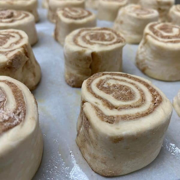 Rows of New York Bagel Cafe's cinnamon roll dough, ready for baking.